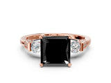 Rose gold Fancy Black Princess Cut Brilliant Three-Stone Pave Band with Four-Prong Setting