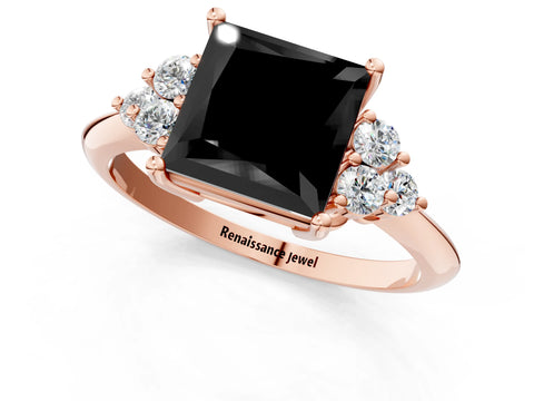 Rose gold Fancy Black Princess Cut Cut Diamond Cluster Ring with Solitaire Band and Four-Prong Setting_13