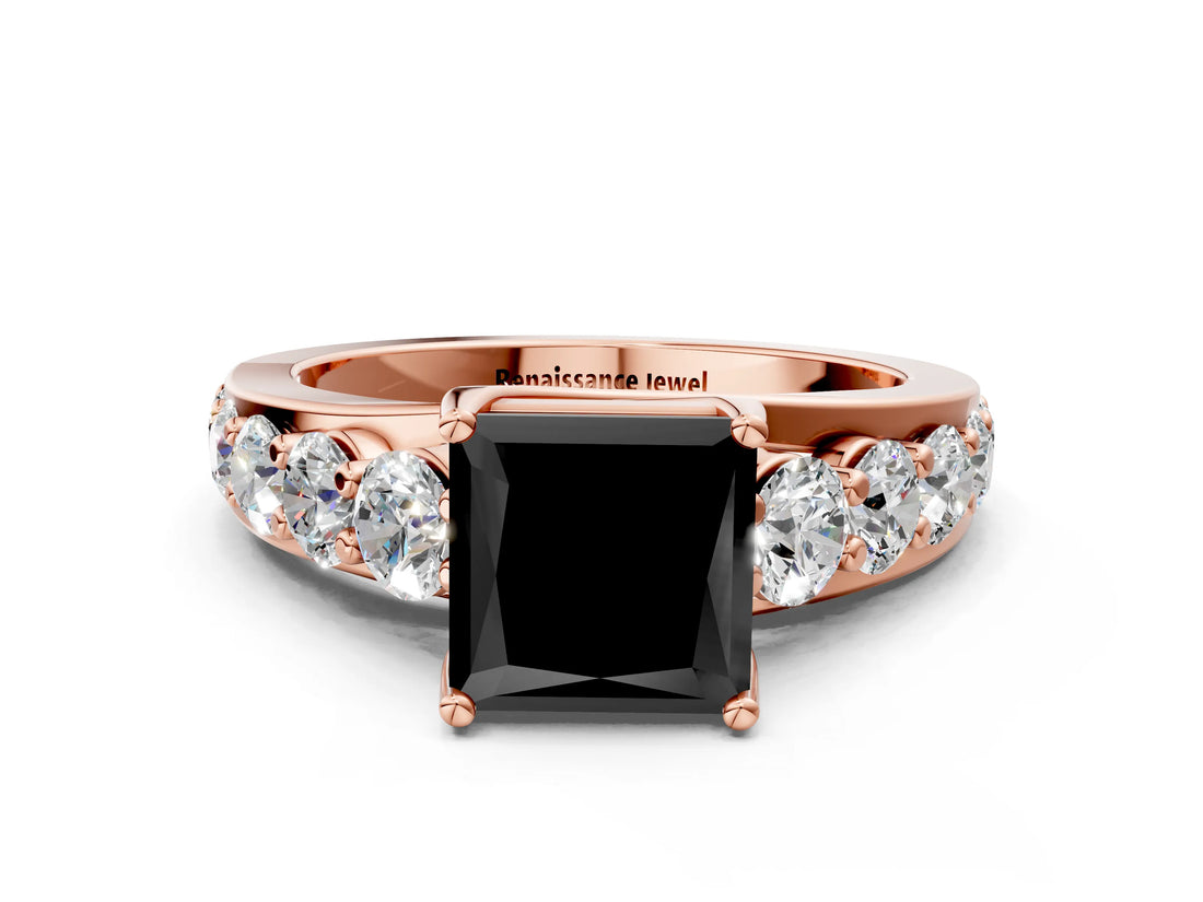Rose gold Fancy Black Princess Cut Cut Diamond Engagement Ring with Pavé Band and Four-Prong Setting