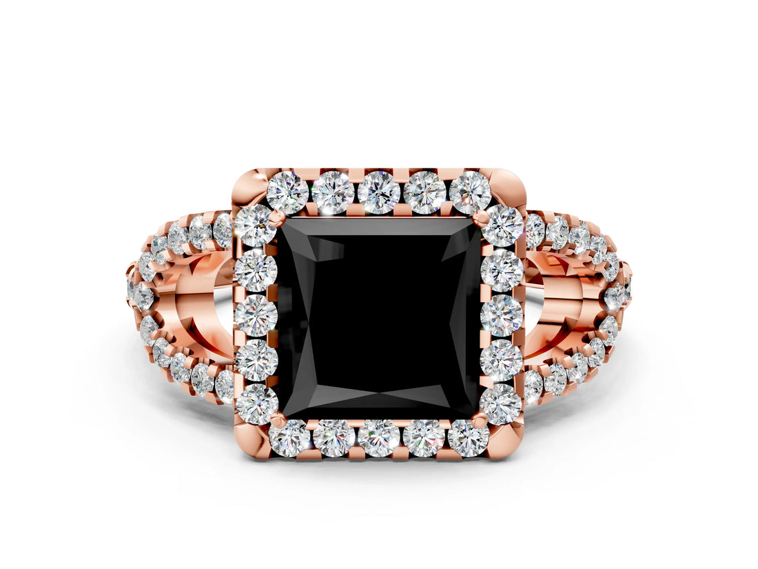 Rose gold Fancy Black Princess Cut Cut Diamond Halo Engagement Ring with Open Split Pavé Band