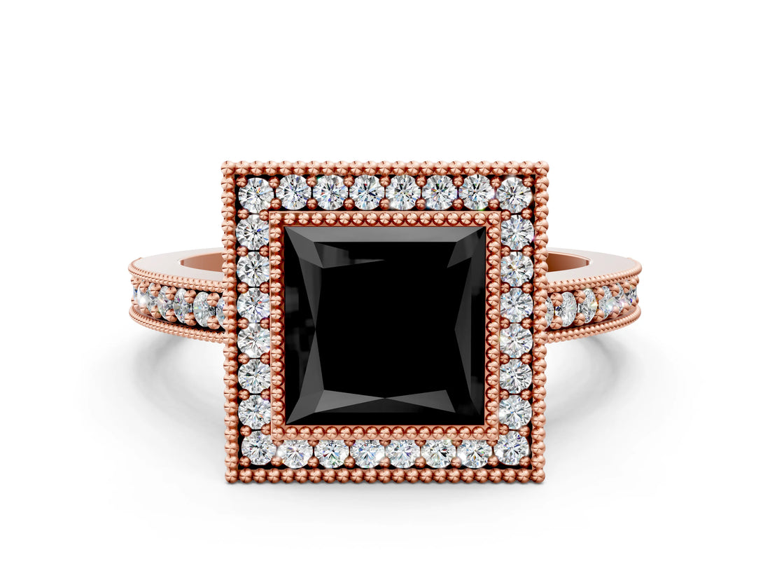 Rose gold Fancy Black Princess Cut-Cut Diamond Halo Engagement Ring with Pave Band and Prong Setting