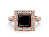 Rose gold Fancy Black Princess Cut-Cut Diamond Halo Engagement Ring with Pave Band and Prong Setting