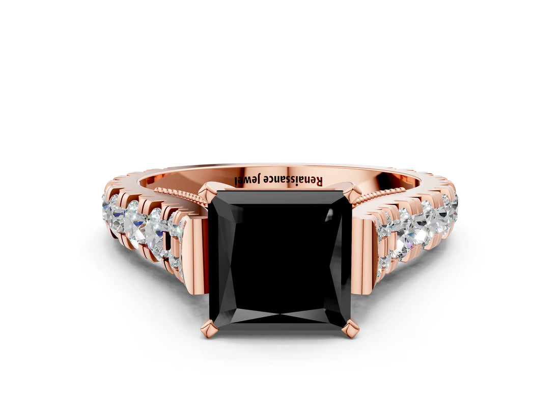 Rose gold Fancy Black Princess Cut Cut Diamond Pavé Band Solitaire with Four-Prong Setting