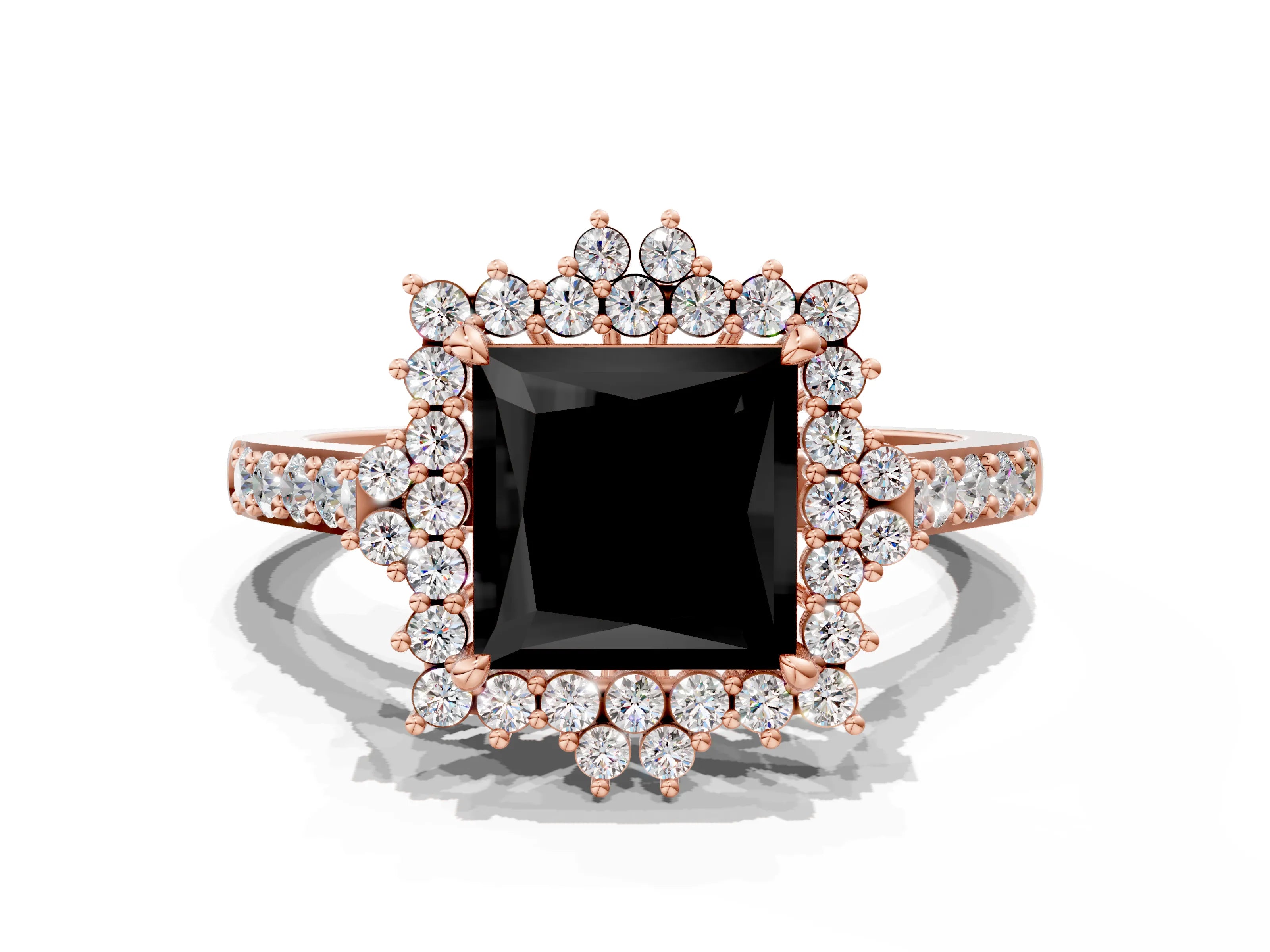 Rose gold Fancy Black Princess Cut Cut Diamond Sunburst Halo Engagement Ring with Pavé Band