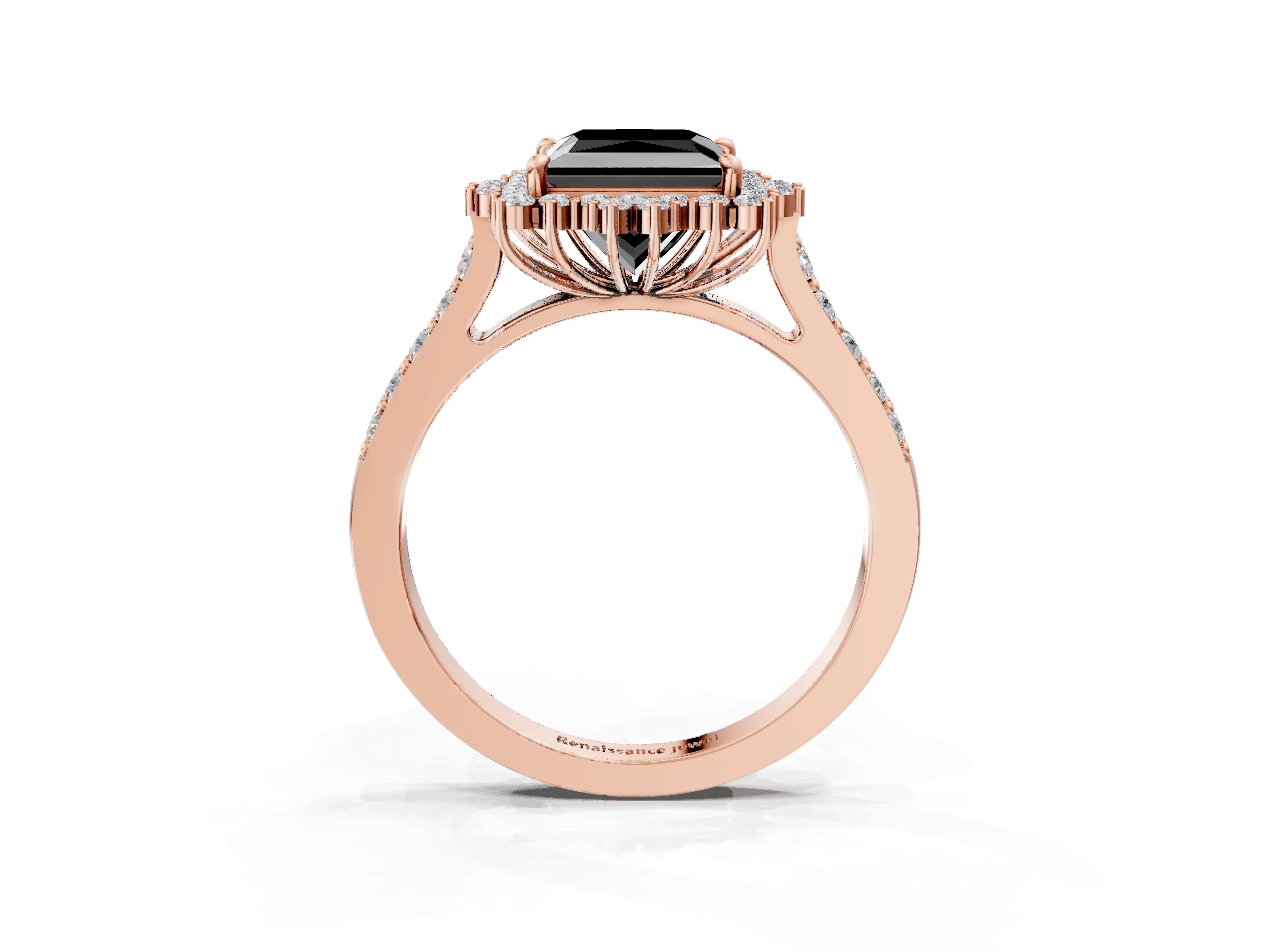 Rose gold Fancy Black Princess Cut Cut Diamond Sunburst Halo Engagement Ring with Pavé Band_3
