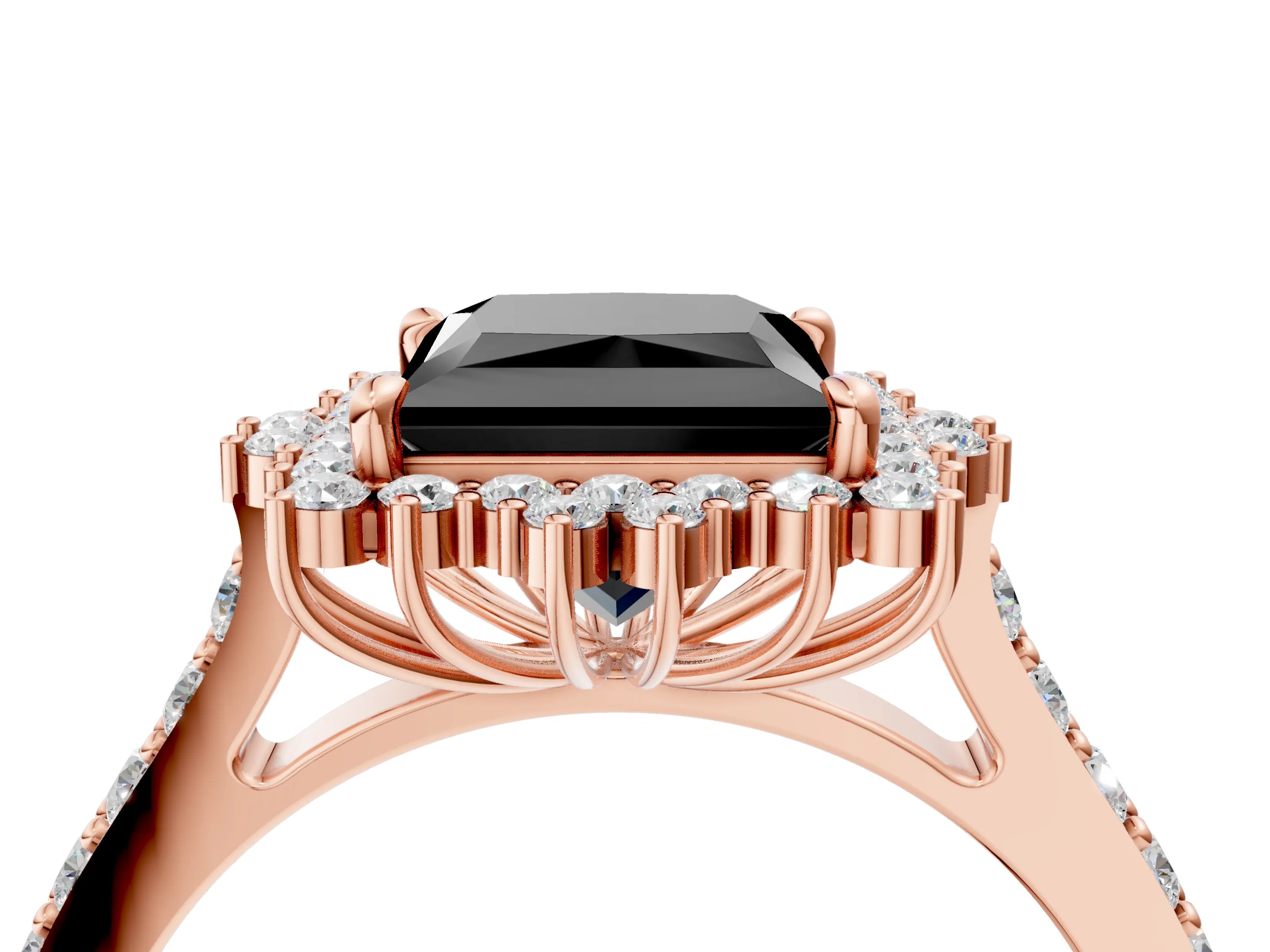 Rose gold Fancy Black Princess Cut Cut Diamond Sunburst Halo Engagement Ring with Pavé Band_4
