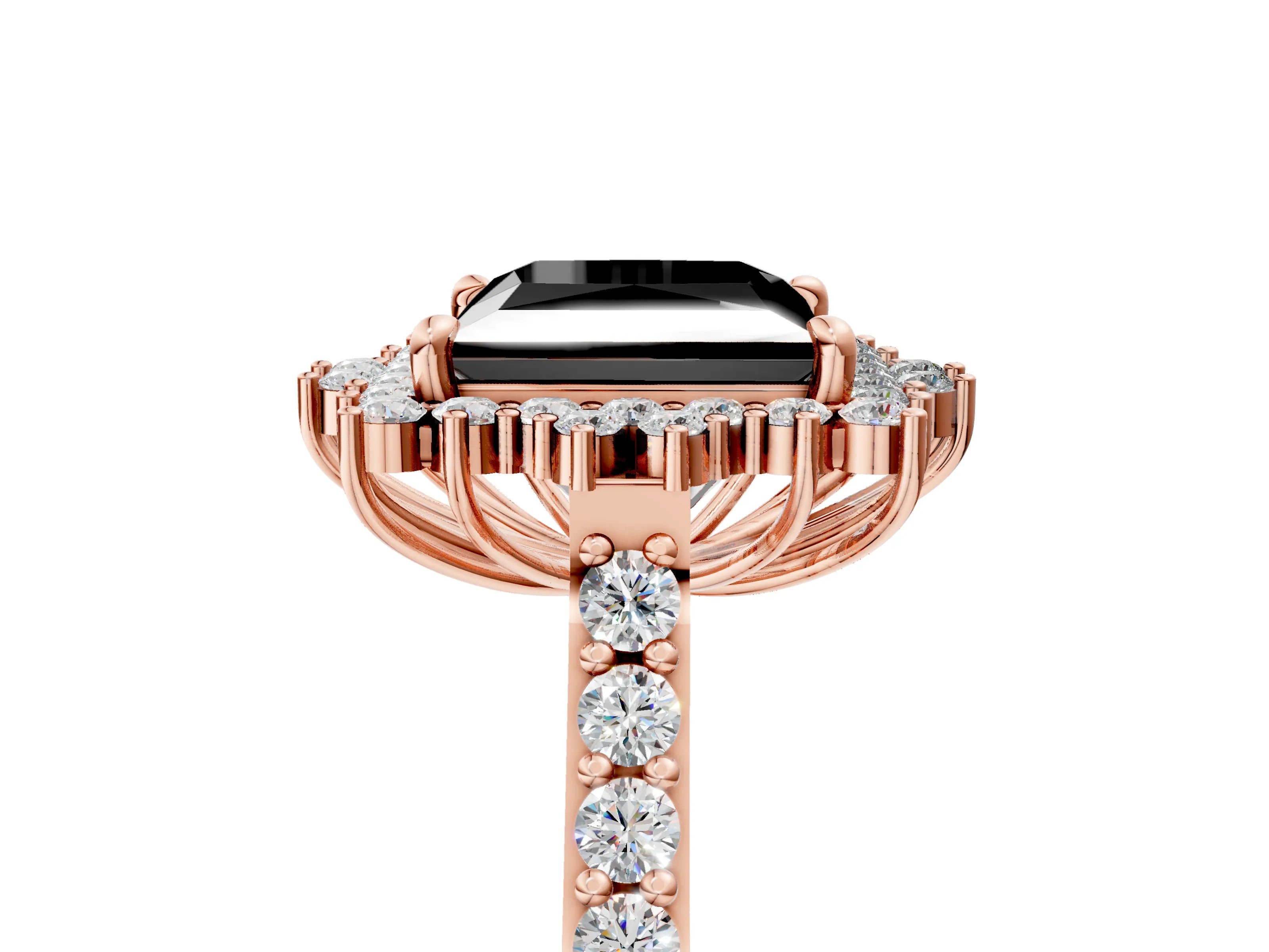Rose gold Fancy Black Princess Cut Cut Diamond Sunburst Halo Engagement Ring with Pavé Band_5