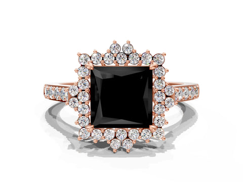 Rose gold Fancy Black Princess Cut Cut Diamond Sunburst Halo Engagement Ring with Pavé Band