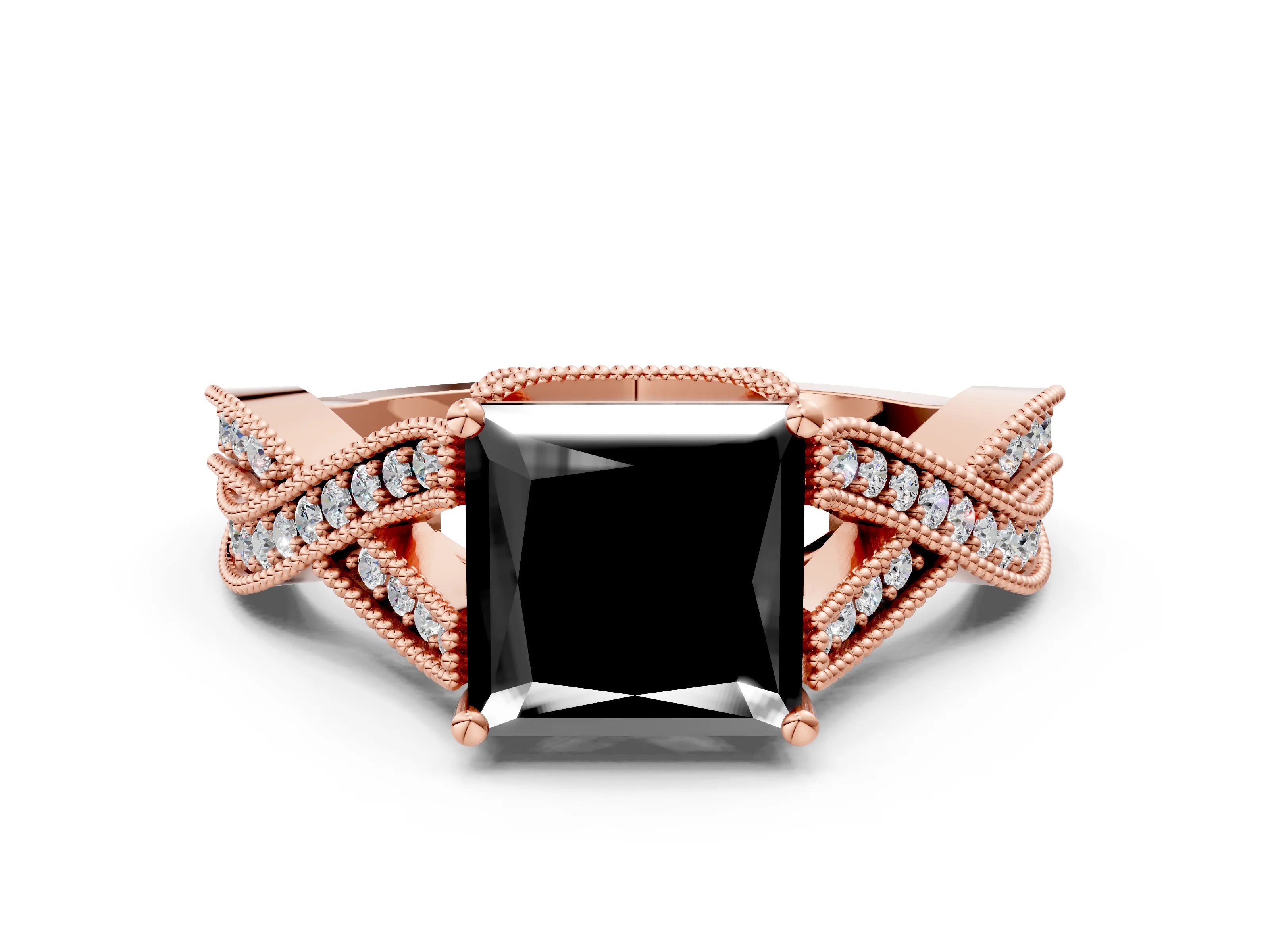 Rose gold Fancy Black Princess Cut Cut Diamond Twisted Band with Milgrain Pave Setting and Four-Prong Setting