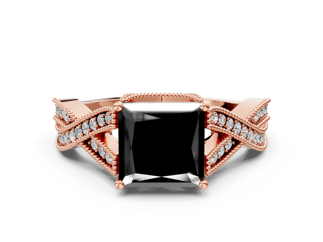 Rose gold Fancy Black Princess Cut Cut Diamond Twisted Band with Milgrain Pave Setting and Four-Prong Setting
