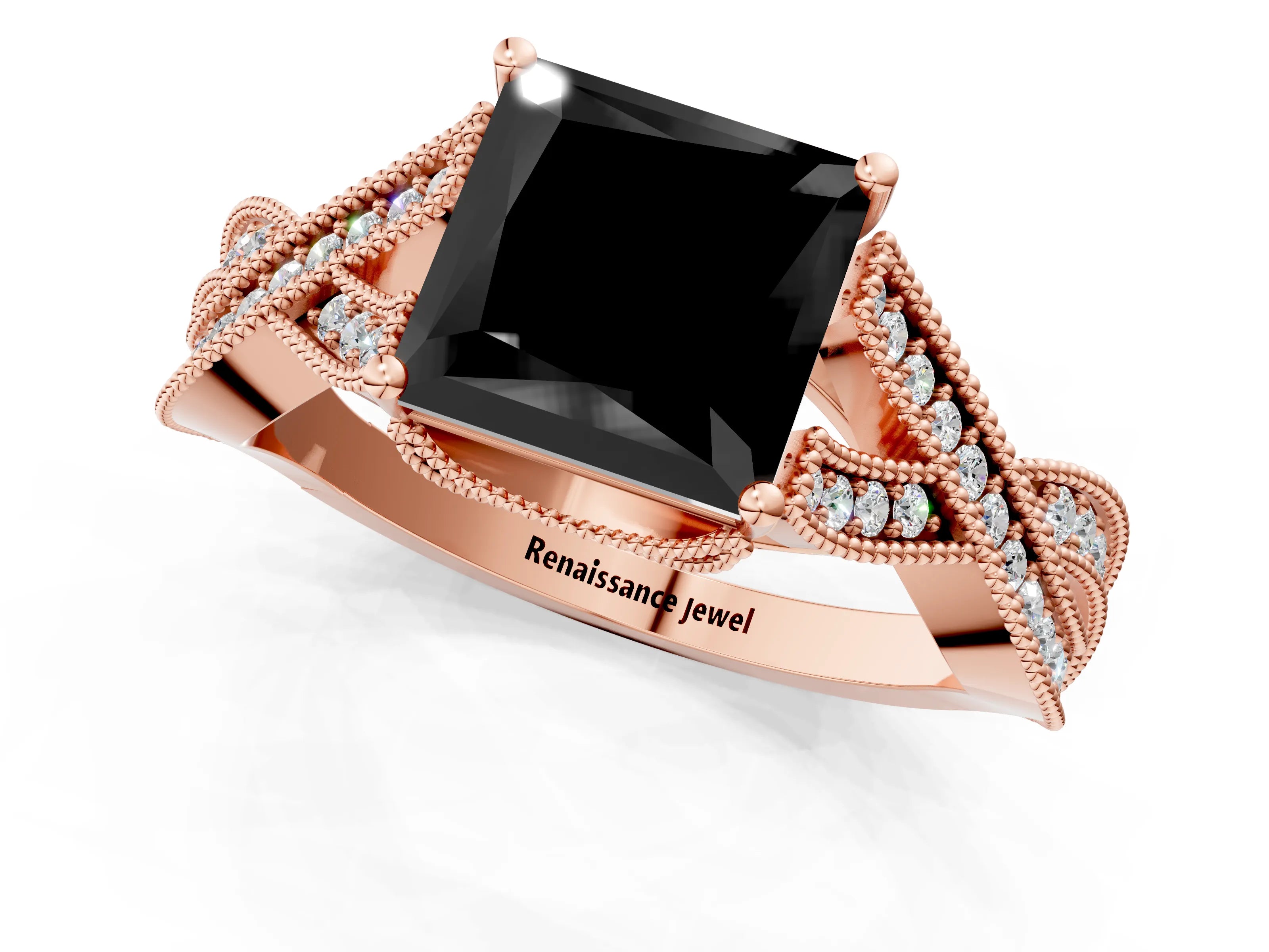 Rose gold Fancy Black Princess Cut Cut Diamond Twisted Band with Milgrain Pave Setting and Four-Prong Setting_1