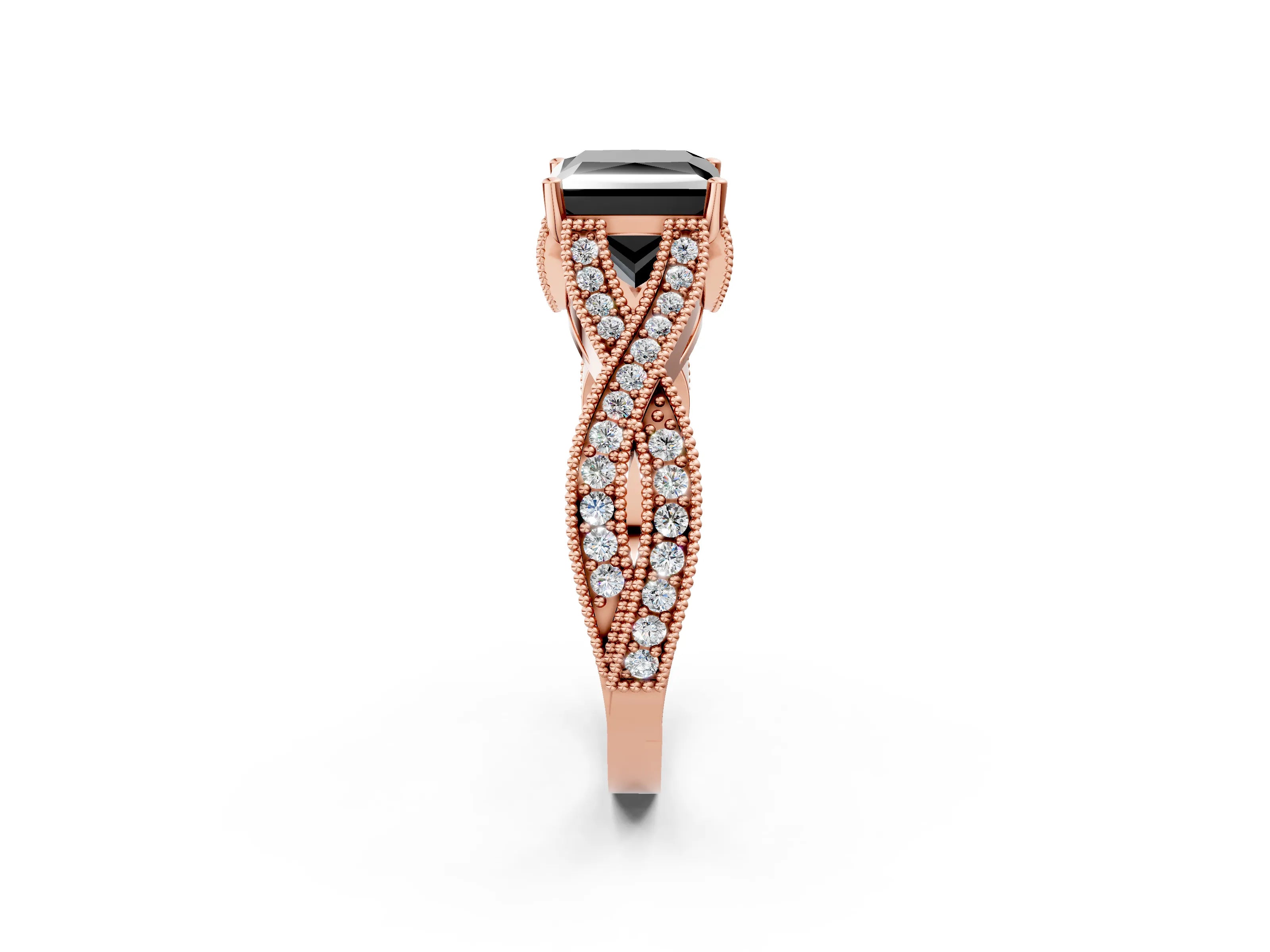 Rose gold Fancy Black Princess Cut Cut Diamond Twisted Band with Milgrain Pave Setting and Four-Prong Setting_2