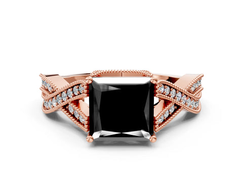 Rose gold Fancy Black Princess Cut Cut Diamond Twisted Band with Milgrain Pave Setting and Four-Prong Setting