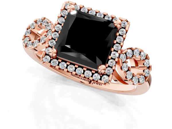 Rose Gold Princess Cut Pave Infinity Halo Engagement Ring Setting for Black Center
