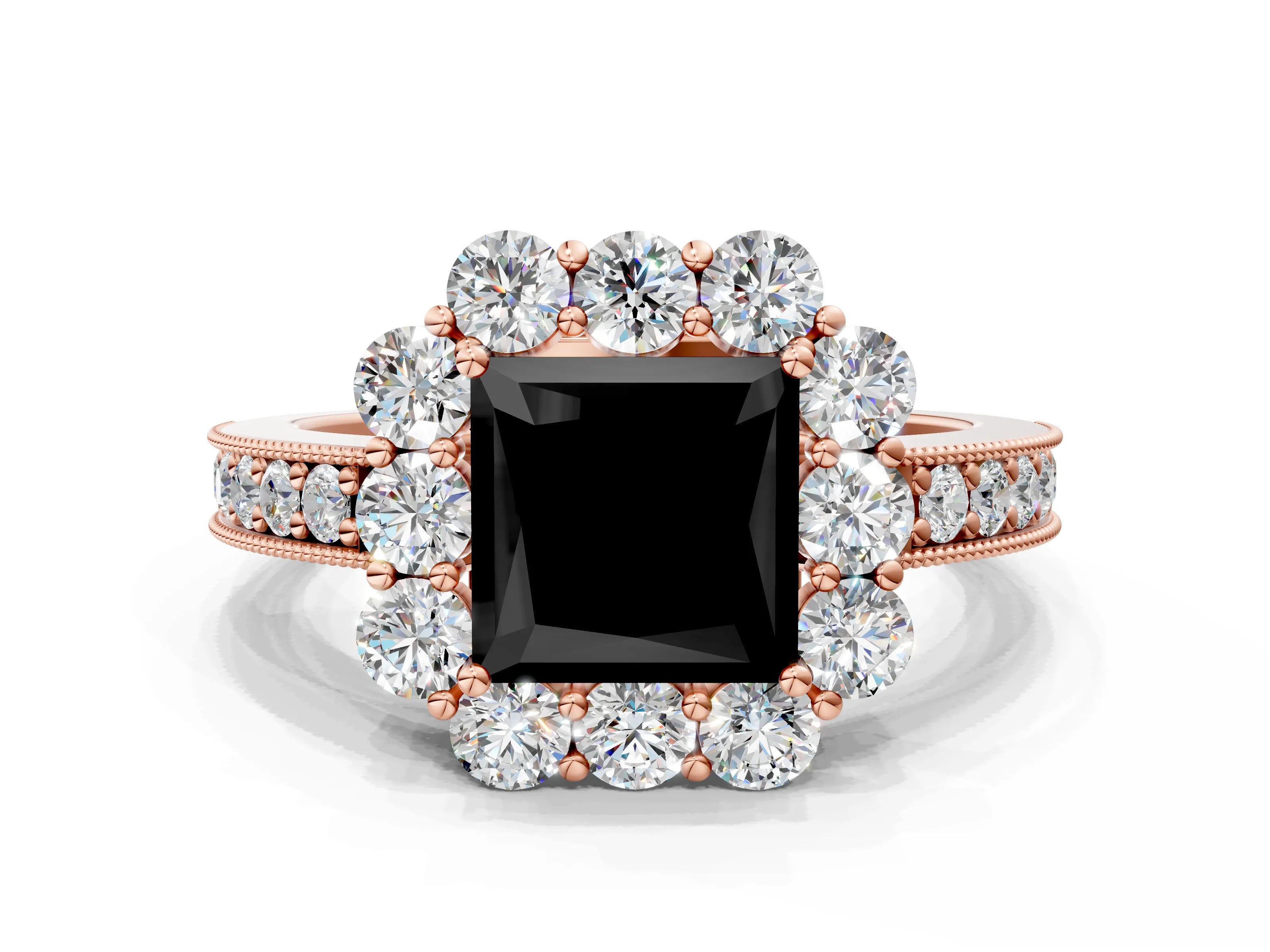 Rose gold Fancy Black Princess Cut Cut Halo Diamond Pavé Engagement Ring with Milgrain Detailing