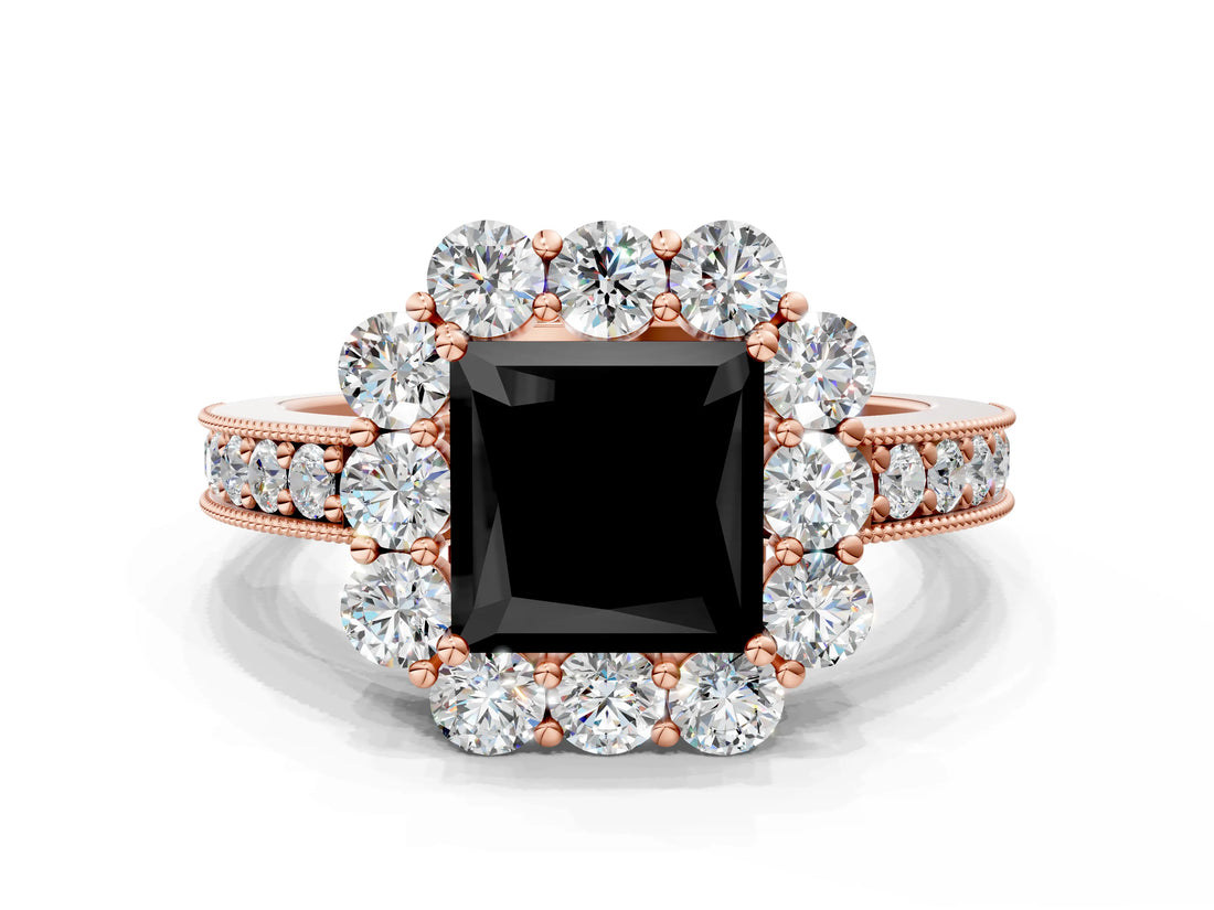 Rose gold Fancy Black Princess Cut Cut Halo Diamond Pavé Engagement Ring with Milgrain Detailing