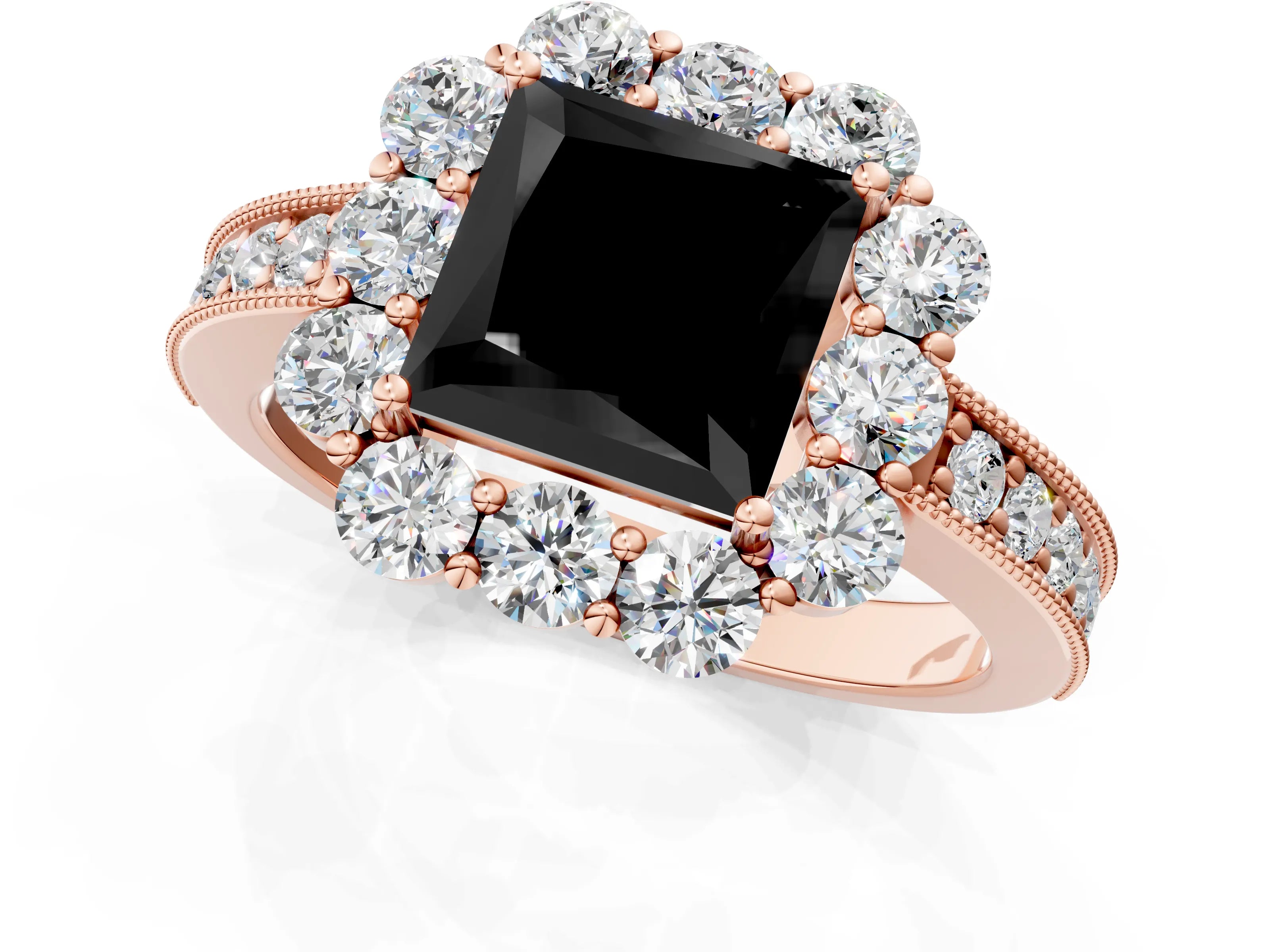 Rose gold Fancy Black Princess Cut Cut Halo Diamond Pavé Engagement Ring with Milgrain Detailing_1