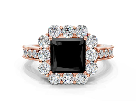 Rose gold Fancy Black Princess Cut Cut Halo Diamond Pavé Engagement Ring with Milgrain Detailing