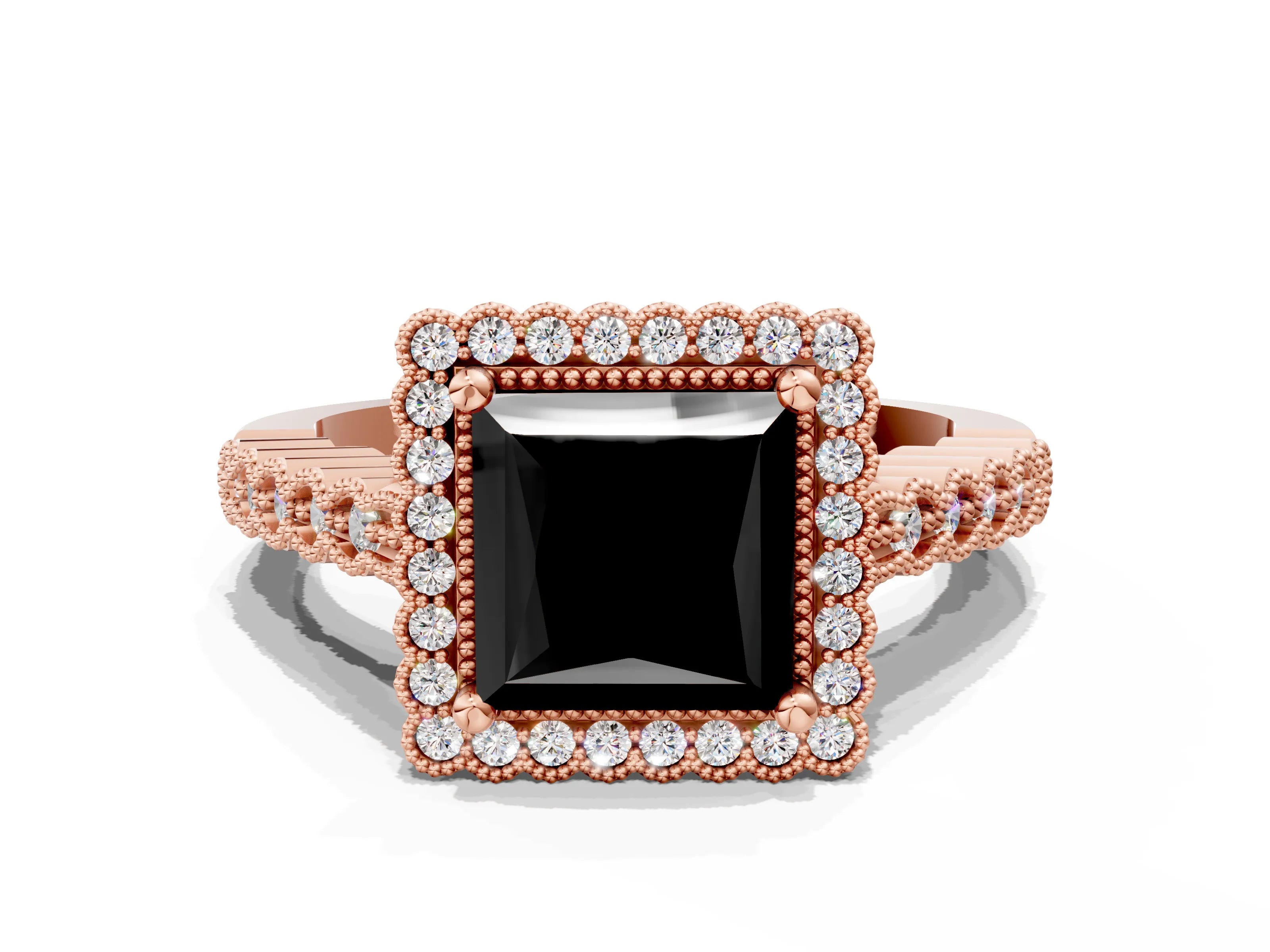 Rose gold Fancy Black Princess Cut Cut Halo Pavé Solitaire Ring with Milgrain Band