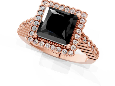 Rose gold Fancy Black Princess Cut Cut Halo Pavé Solitaire Ring with Milgrain Band_1