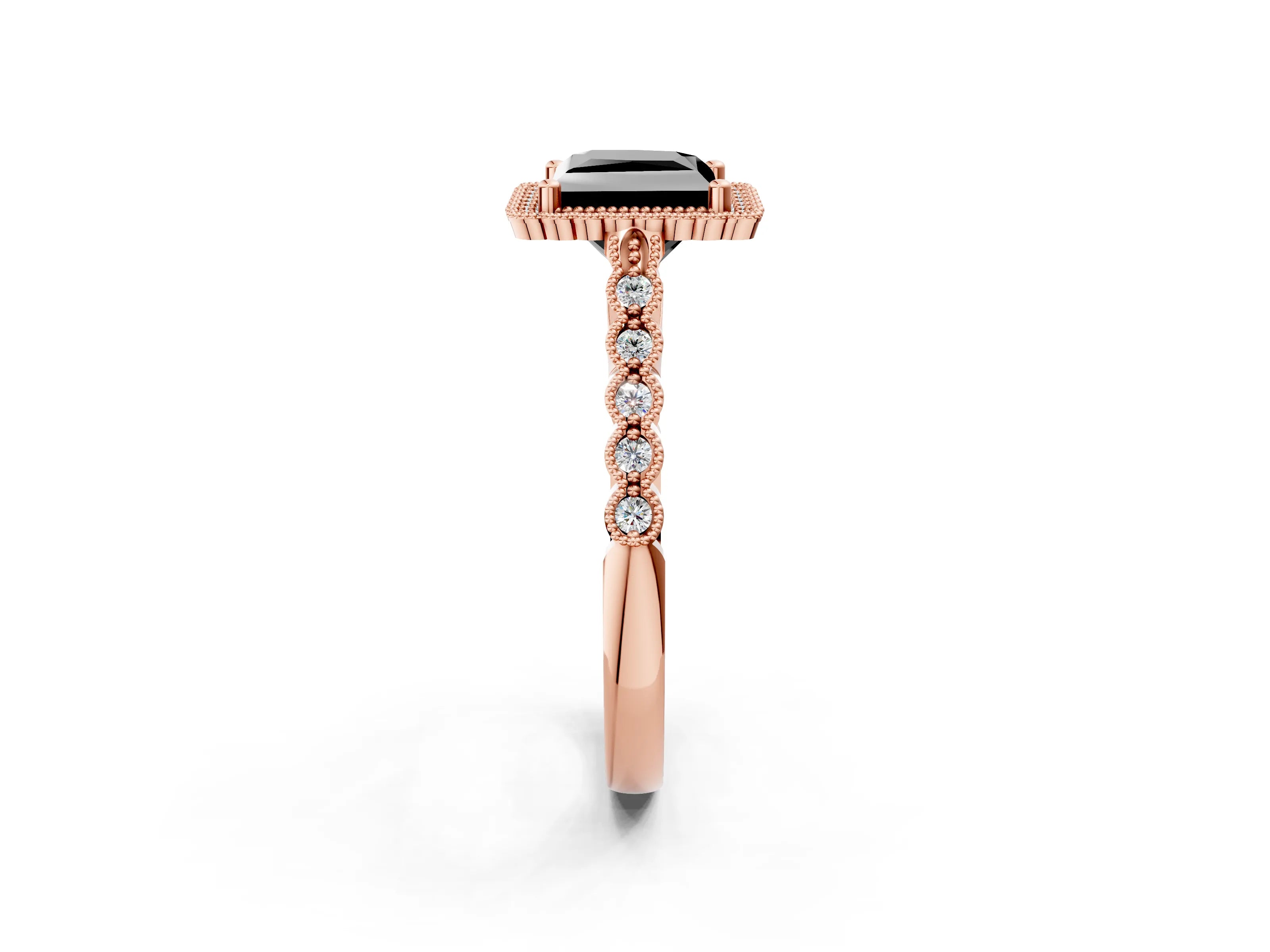 Rose gold Fancy Black Princess Cut Cut Halo Pavé Solitaire Ring with Milgrain Band_2