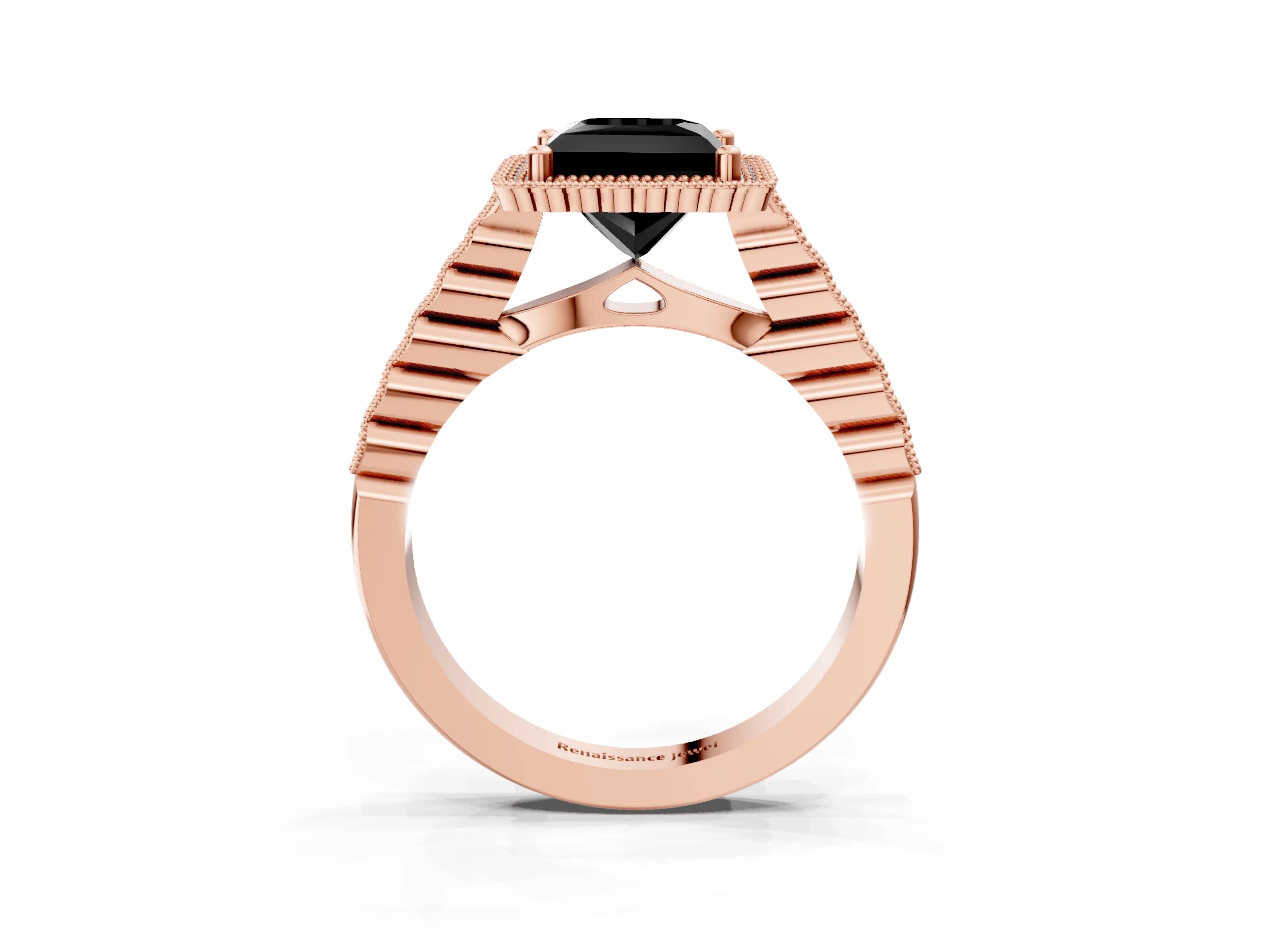 Rose gold Fancy Black Princess Cut Cut Halo Pavé Solitaire Ring with Milgrain Band_3