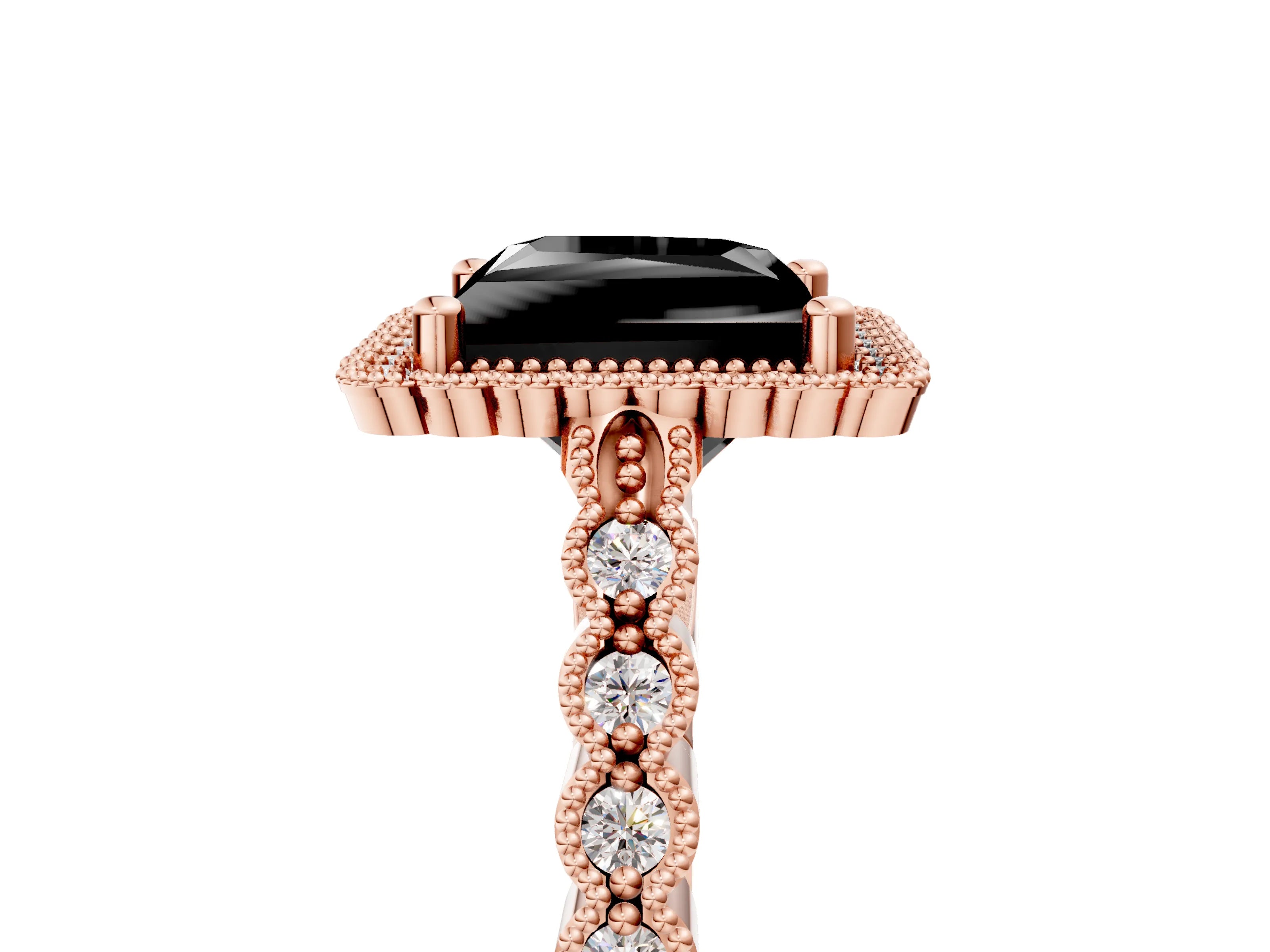 Rose gold Fancy Black Princess Cut Cut Halo Pavé Solitaire Ring with Milgrain Band_5