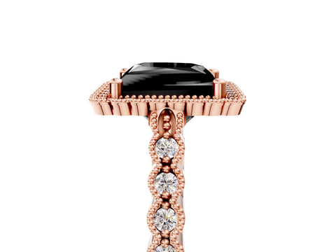 Rose gold Fancy Black Princess Cut Cut Halo Pavé Solitaire Ring with Milgrain Band_5
