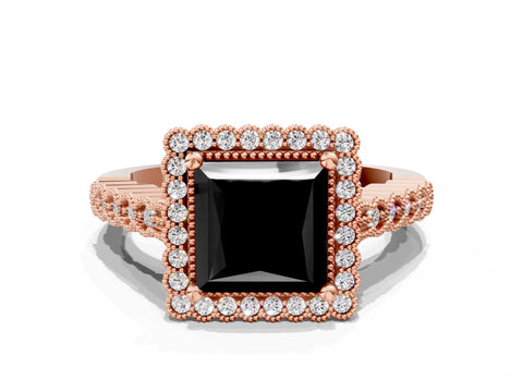 Rose gold Fancy Black Princess Cut Cut Halo Pavé Solitaire Ring with Milgrain Band