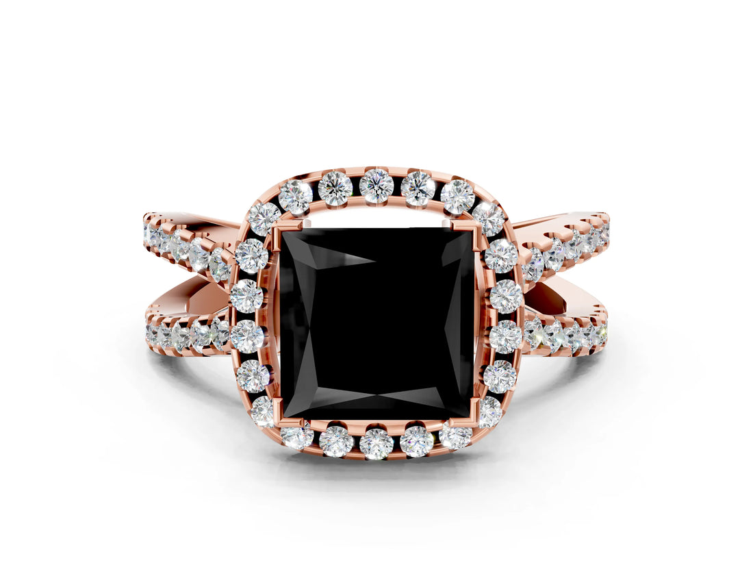 Rose gold Fancy Black Princess Cut Cut Halo Split Shank Pave Set Ring