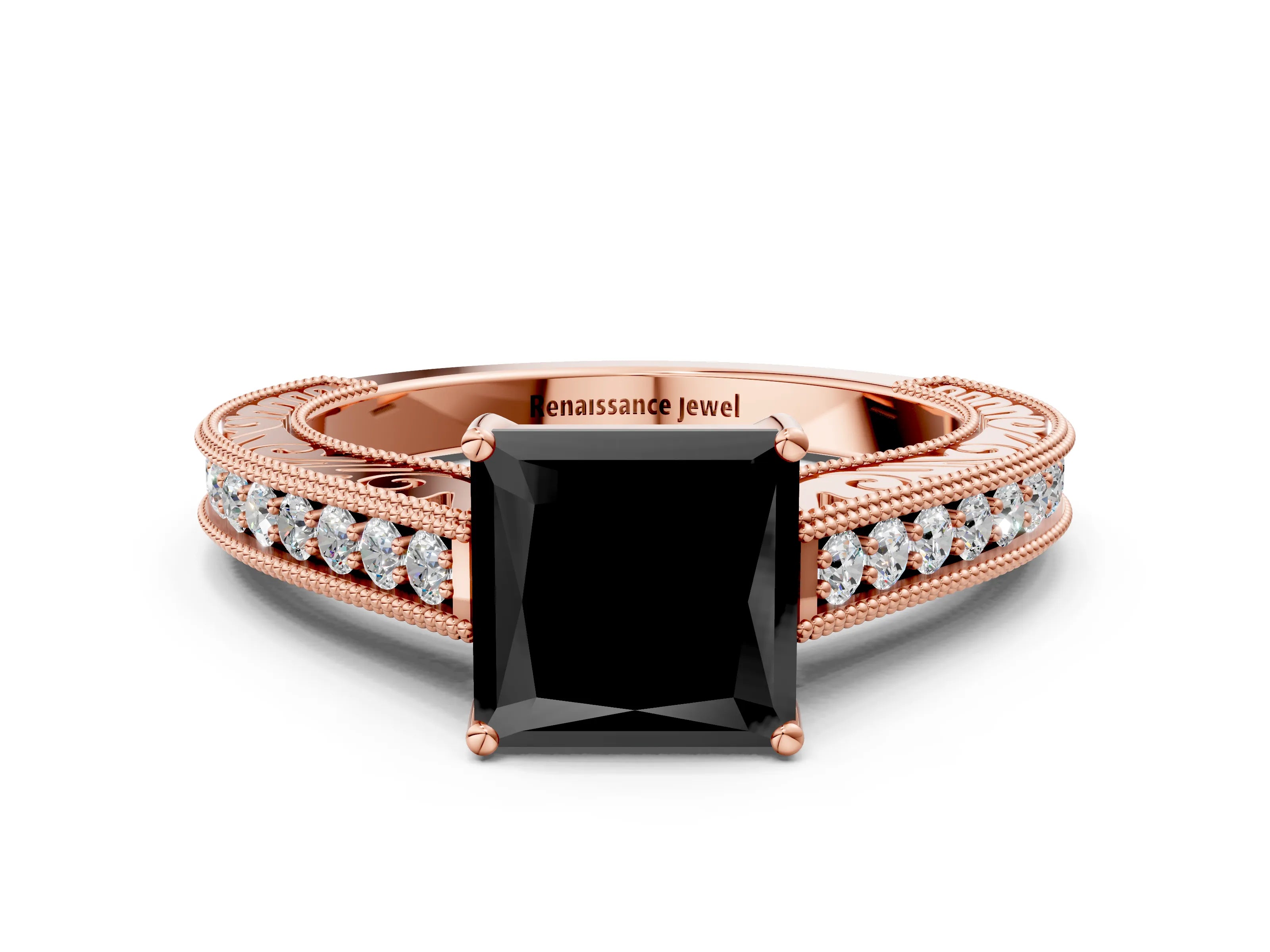 Rose gold Fancy Black Princess Cut Cut Pave Band Milgrain Solitaire Ring