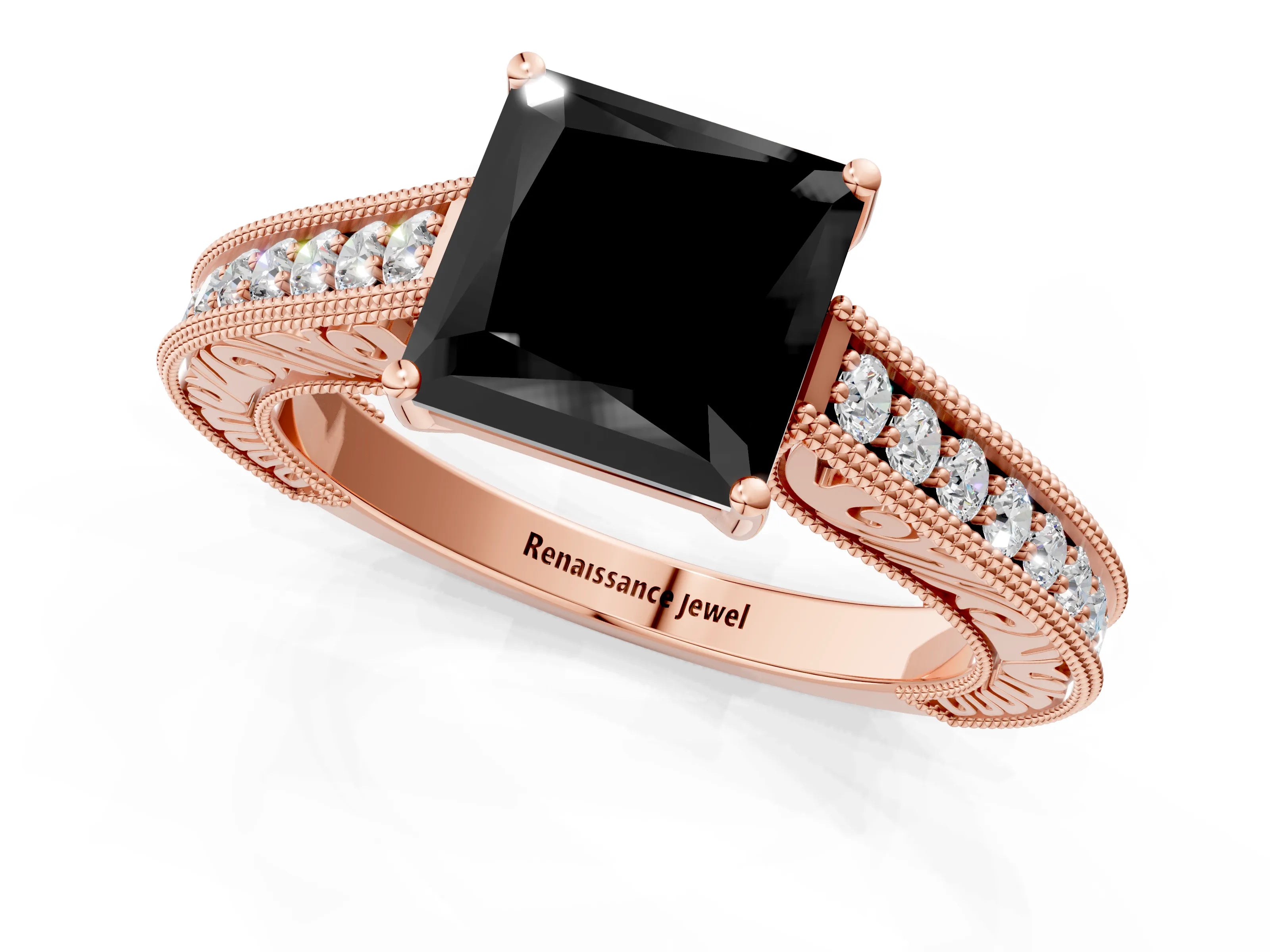 Rose gold Fancy Black Princess Cut Cut Pave Band Milgrain Solitaire Ring_1