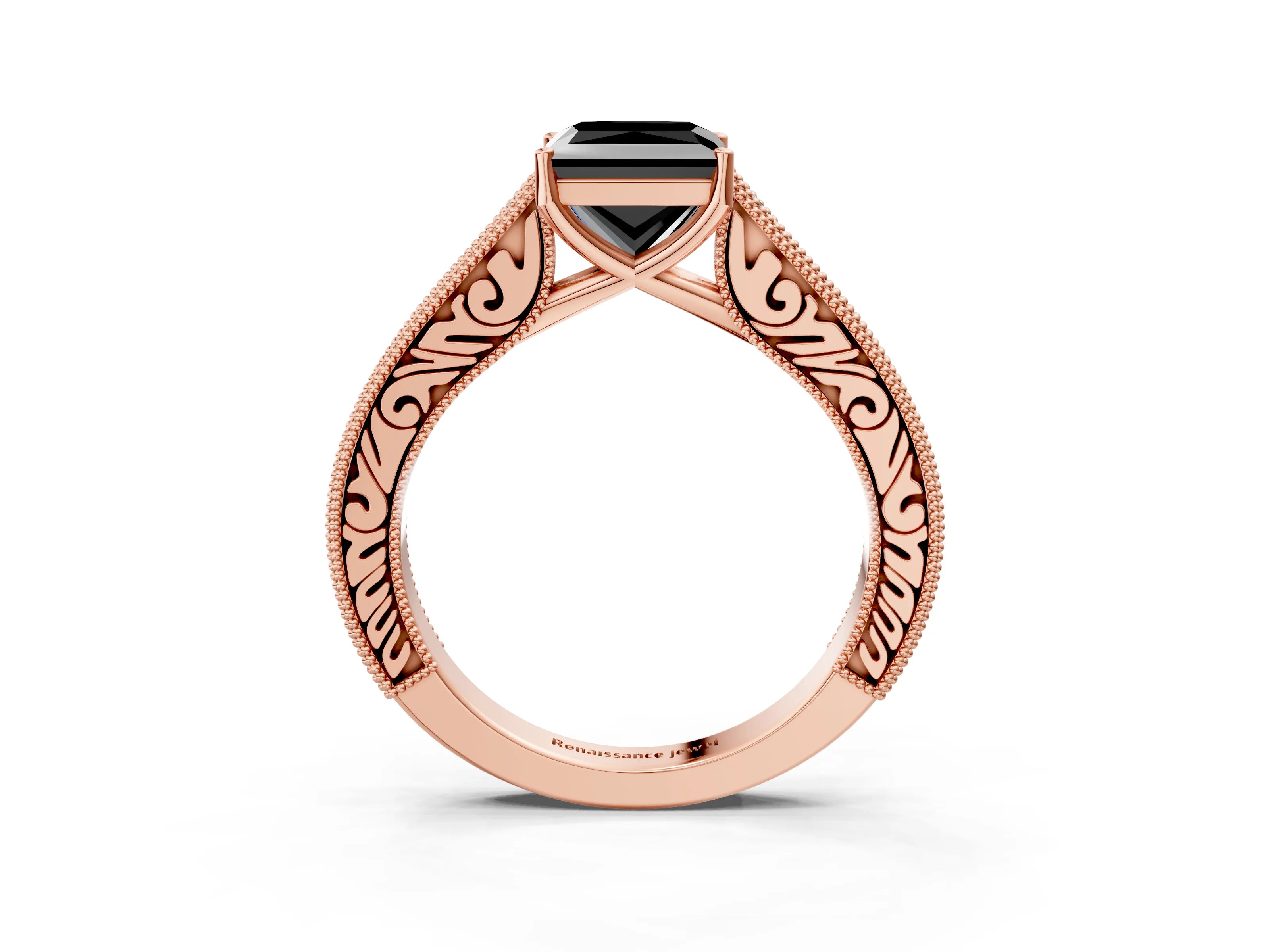 Rose gold Fancy Black Princess Cut Cut Pave Band Milgrain Solitaire Ring_3