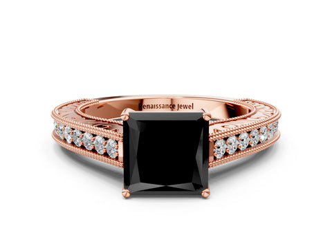 Rose gold Fancy Black Princess Cut Cut Pave Band Milgrain Solitaire Ring