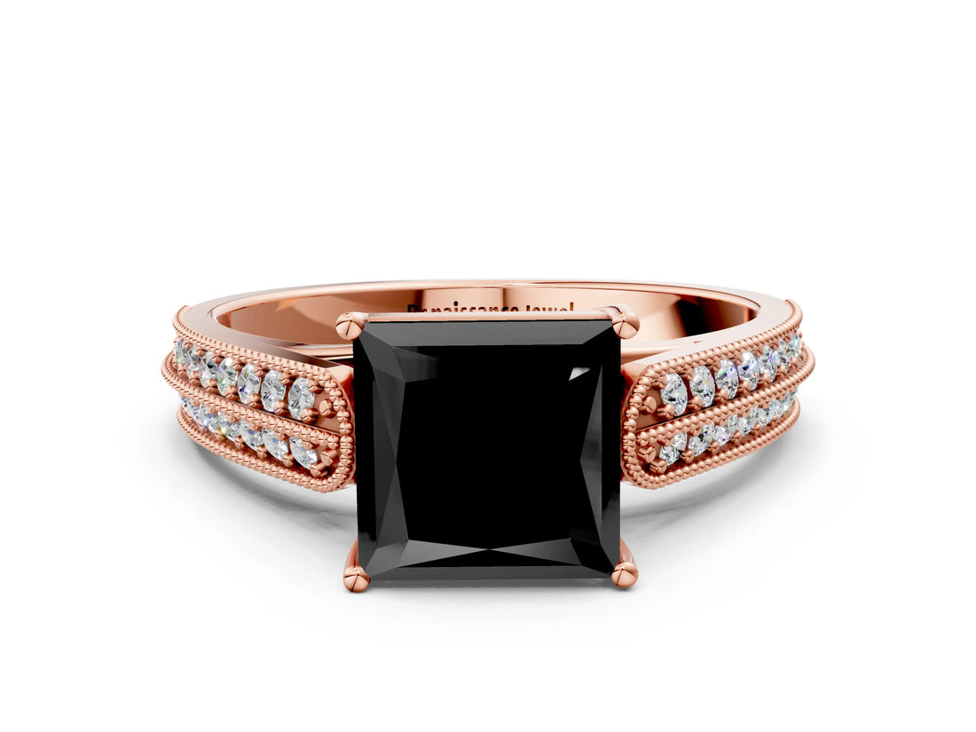 Rose gold Fancy Black Princess Cut Cut Pave Split Shank Engagement Ring with Four-Prong Setting
