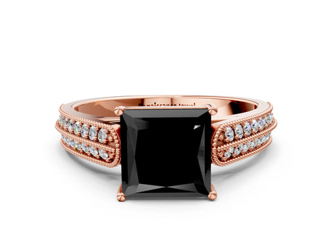 Rose gold Fancy Black Princess Cut Cut Pave Split Shank Engagement Ring with Four-Prong Setting