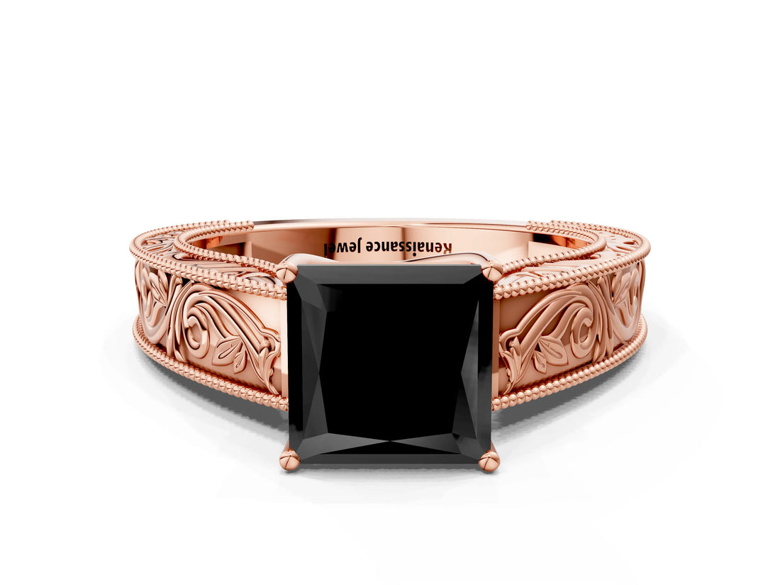 Rose gold Fancy Black Princess Cut Cut Solitaire Engraved Band with Four-Prong Setting