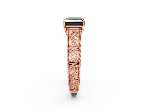 Rose Gold Princess Cut Vintage Engraved Solitaire Engagement Ring Setting for Black Center