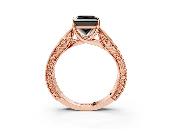 Rose Gold Princess Cut Vintage Engraved Solitaire Engagement Ring Setting for Black Center