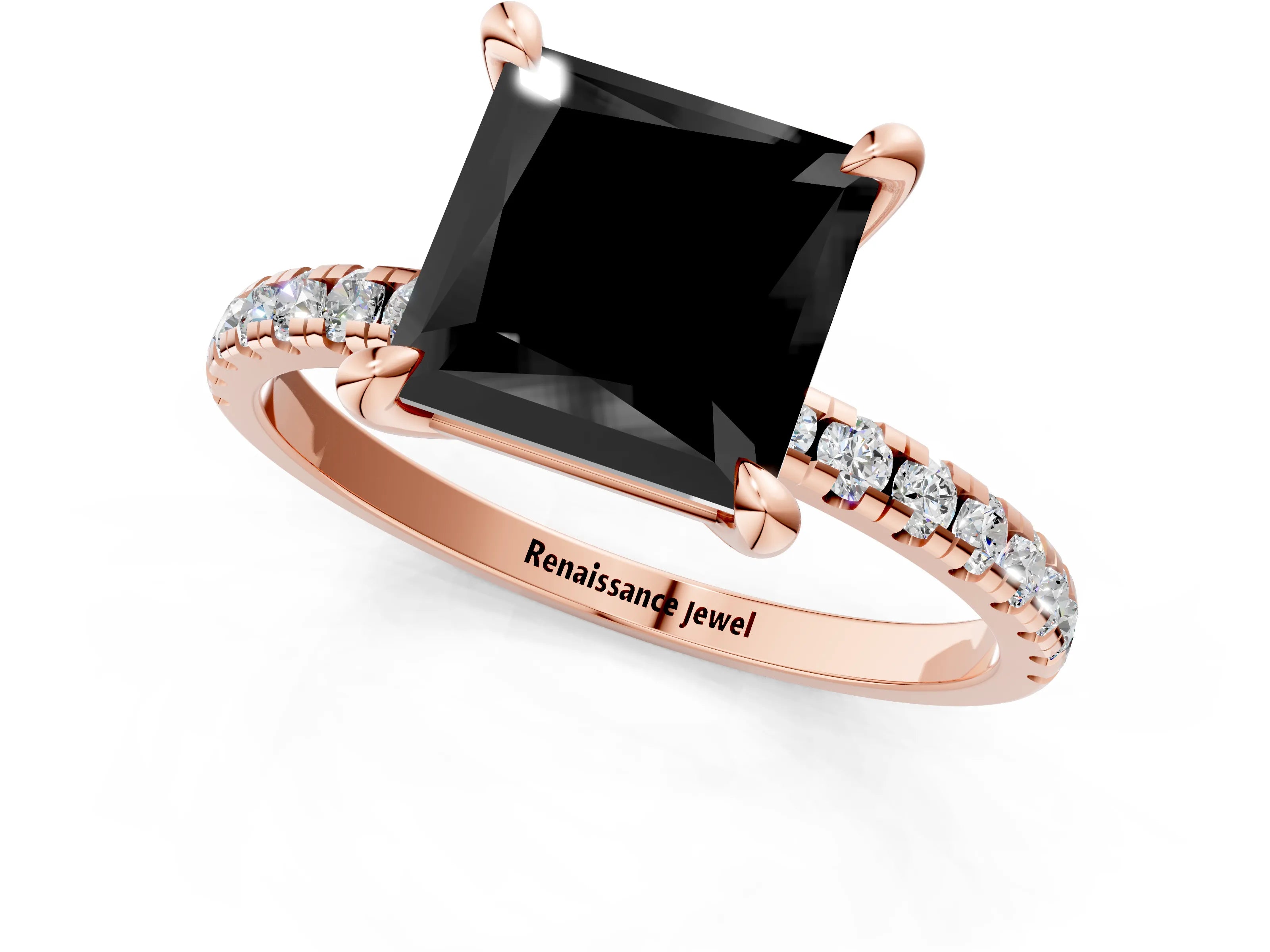 Rose gold Fancy Black Princess Cut Diamond Brilliant Solitaire Ring with Pavé Band and Four-Prong Setting_1