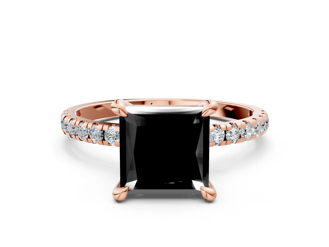 Rose gold Fancy Black Princess Cut Diamond Brilliant Solitaire Ring with Pavé Band and Four-Prong Setting_12