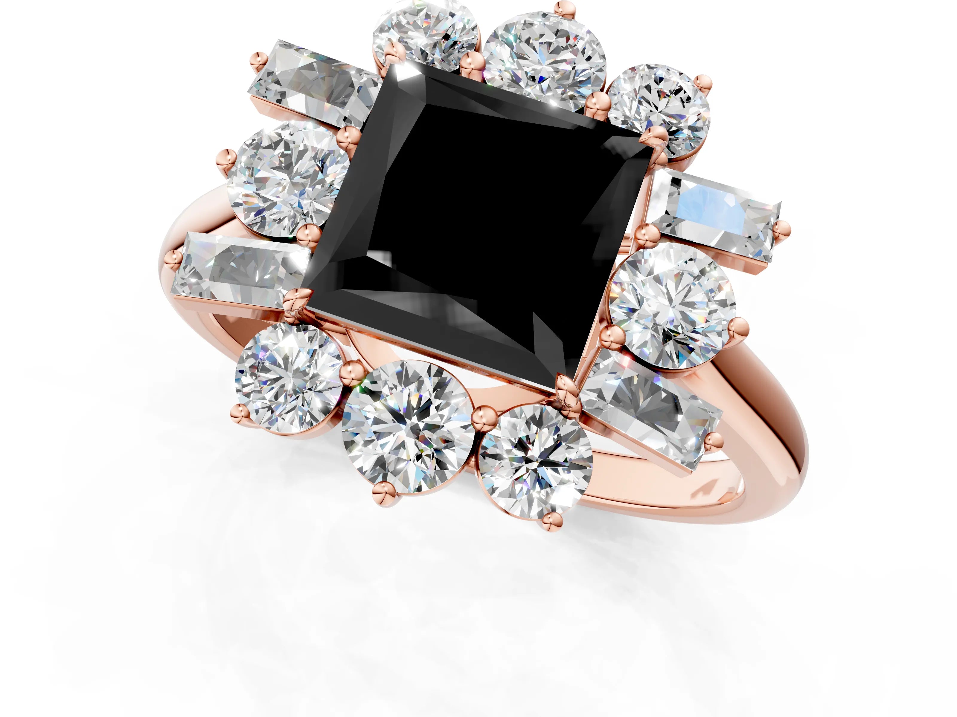 Rose gold Fancy Black Princess Cut Diamond Cluster Ring with Round and Baguette Stones, Split Shank Band, Prong Setting_1
