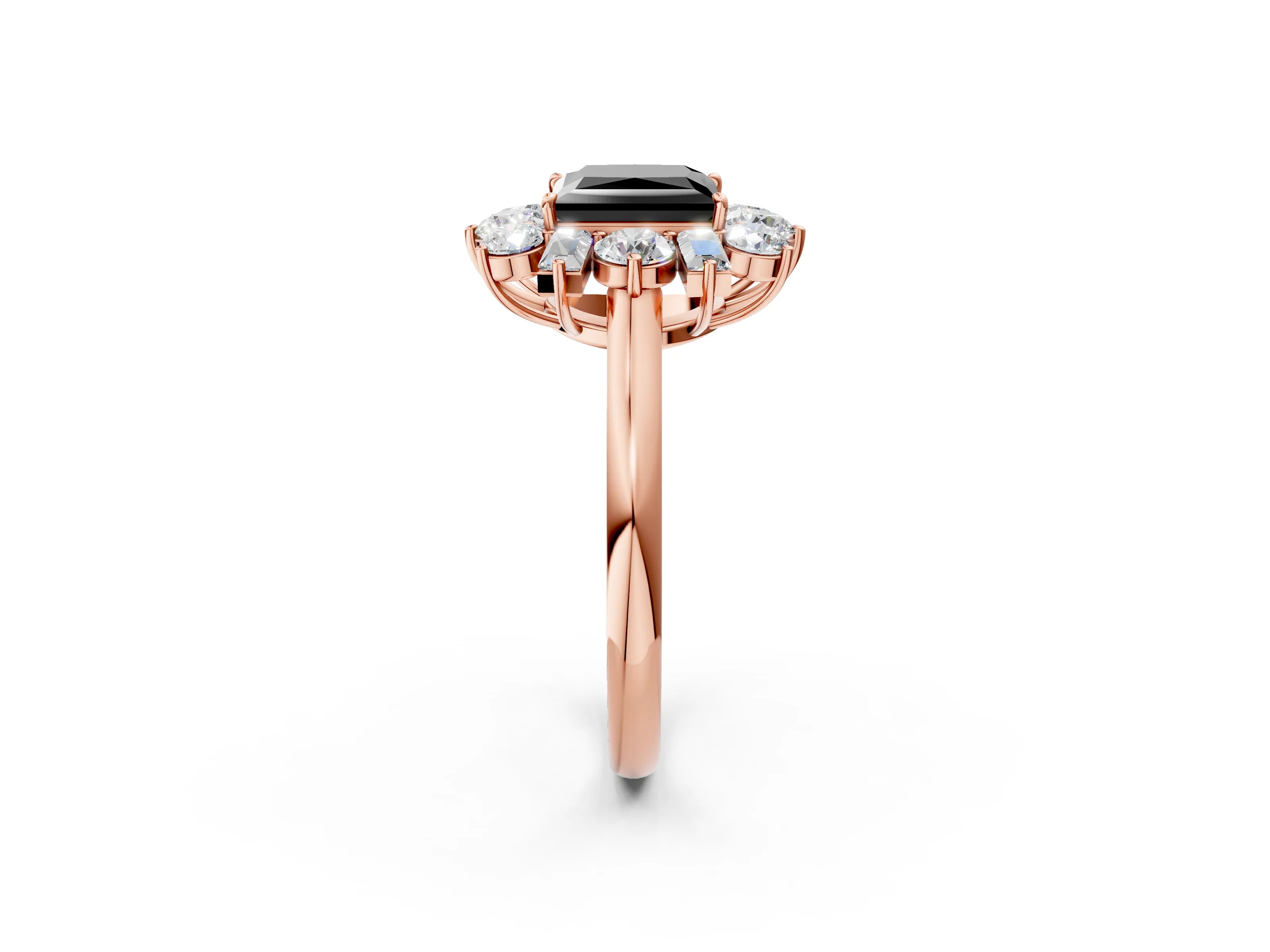 Rose gold Fancy Black Princess Cut Diamond Cluster Ring with Round and Baguette Stones, Split Shank Band, Prong Setting_2