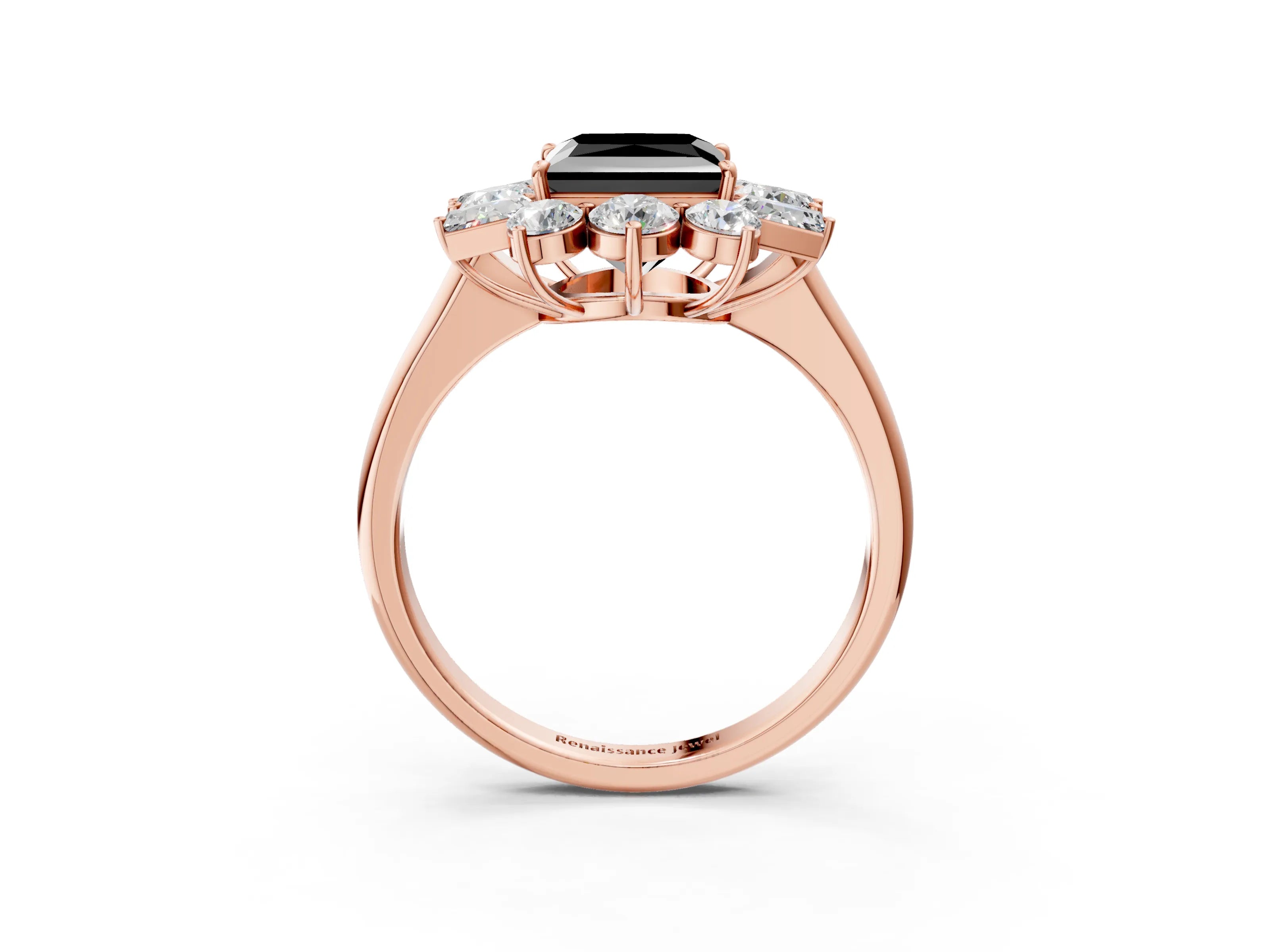 Rose gold Fancy Black Princess Cut Diamond Cluster Ring with Round and Baguette Stones, Split Shank Band, Prong Setting_3