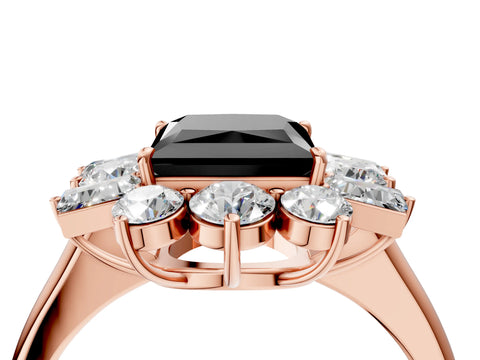 Rose gold Fancy Black Princess Cut Diamond Cluster Ring with Round and Baguette Stones, Split Shank Band, Prong Setting_4