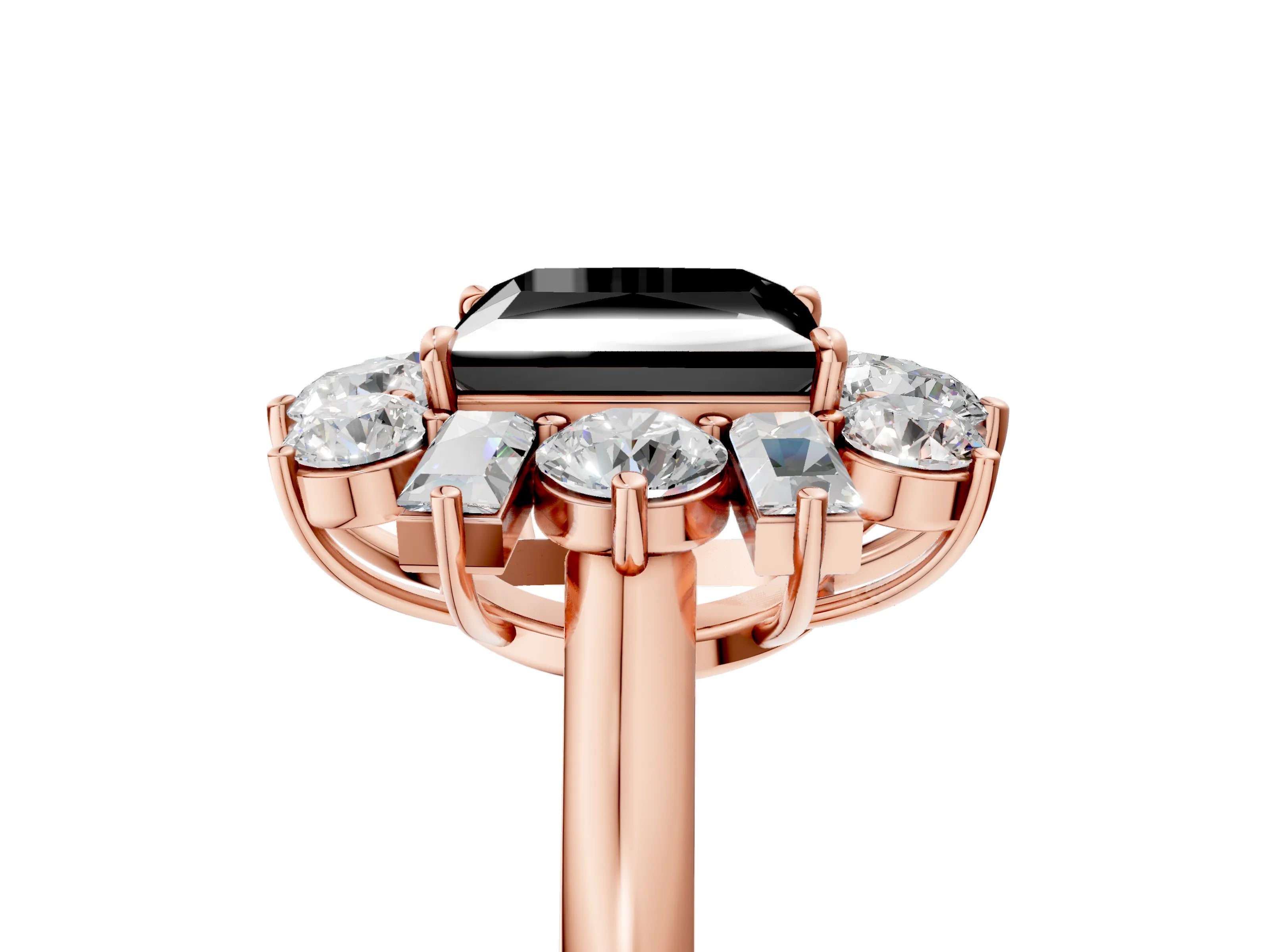 Rose gold Fancy Black Princess Cut Diamond Cluster Ring with Round and Baguette Stones, Split Shank Band, Prong Setting_5