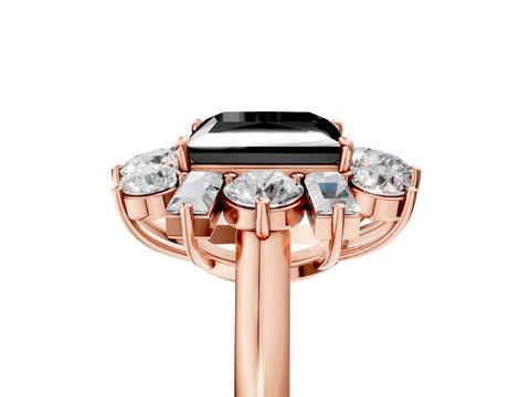 Rose gold Fancy Black Princess Cut Diamond Cluster Ring with Round and Baguette Stones, Split Shank Band, Prong Setting_5