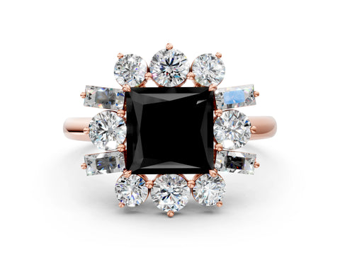 Rose gold Fancy Black Princess Cut Diamond Cluster Ring with Round and Baguette Stones, Split Shank Band, Prong Setting