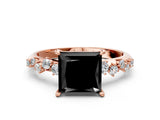 Rose gold Fancy Black Princess Cut Diamond Cluster Side Stone Solitaire Ring with Prong Setting_24