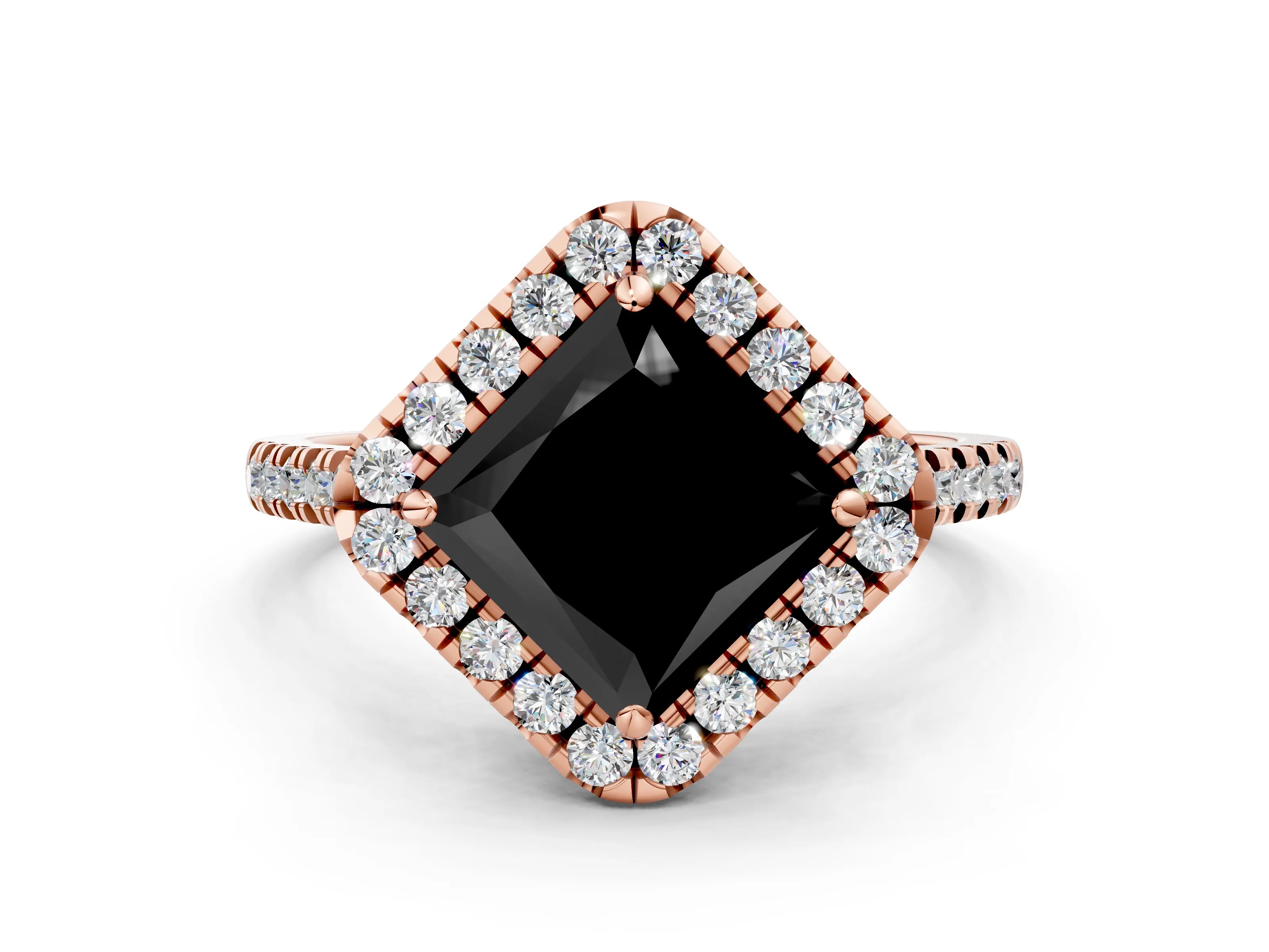 Rose gold Fancy Black Princess Cut Diamond Cushion Halo Ring with Pavé Band